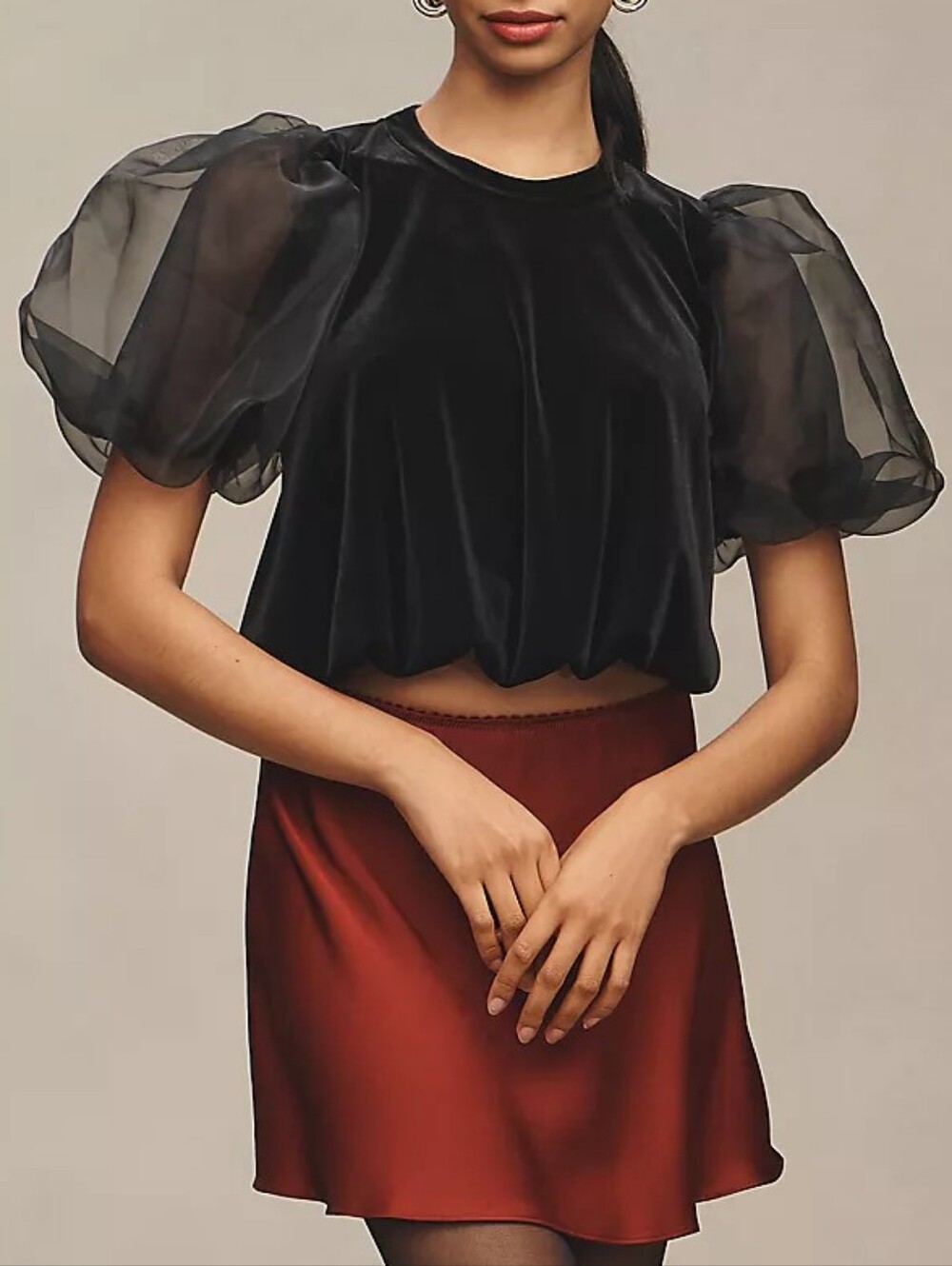 Anthropologie Maeve Puff-Sleeve Velvet Blouse In Black Size Medium